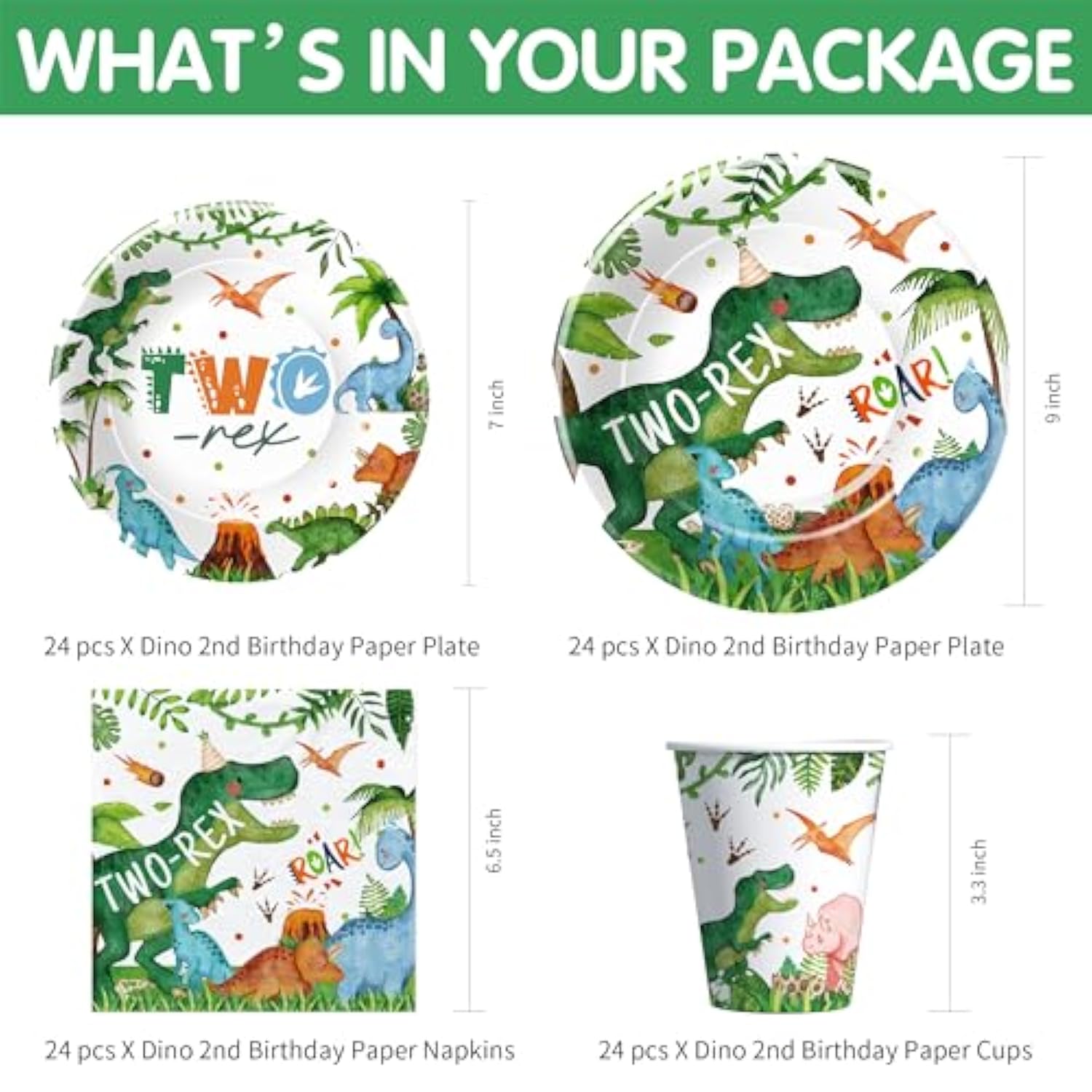 Dinosaur 2Nd Birthday Party Supplies For Boy - Dinosaur Theme Dino Two Rex Birthday Decorations Tableware, Disposable Paper Plate, Cup, Napkin, Tablecloth, Cutlery | 24 Guest