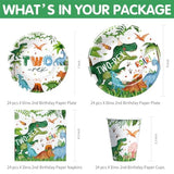Dinosaur 2Nd Birthday Party Supplies For Boy - Dinosaur Theme Dino Two Rex Birthday Decorations Tableware, Disposable Paper Plate, Cup, Napkin, Tablecloth, Cutlery | 24 Guest