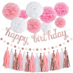 Rose Gold Pink Party Decorations Set With Happy Birthday Banner, Tissue Paper Pompoms, Circle Dots Garland And Paper Tassels Garland For Women Girls