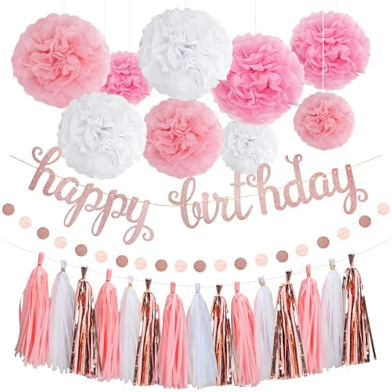 Rose Gold Pink Party Decorations Set With Happy Birthday Banner, Tissue Paper Pompoms, Circle Dots Garland And Paper Tassels Garland For Women Girls