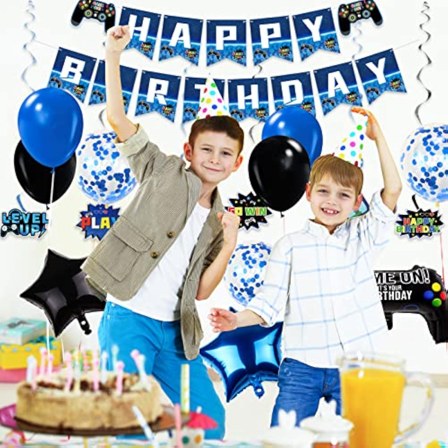 Video Game Birthday Party Decorations - 36 Pcs Navy Blue Game On Theme Birthday Party Supplies Happy Gaming Banner, Hanging Swirls, Balloons And Foil Gamer Balloons For Boys