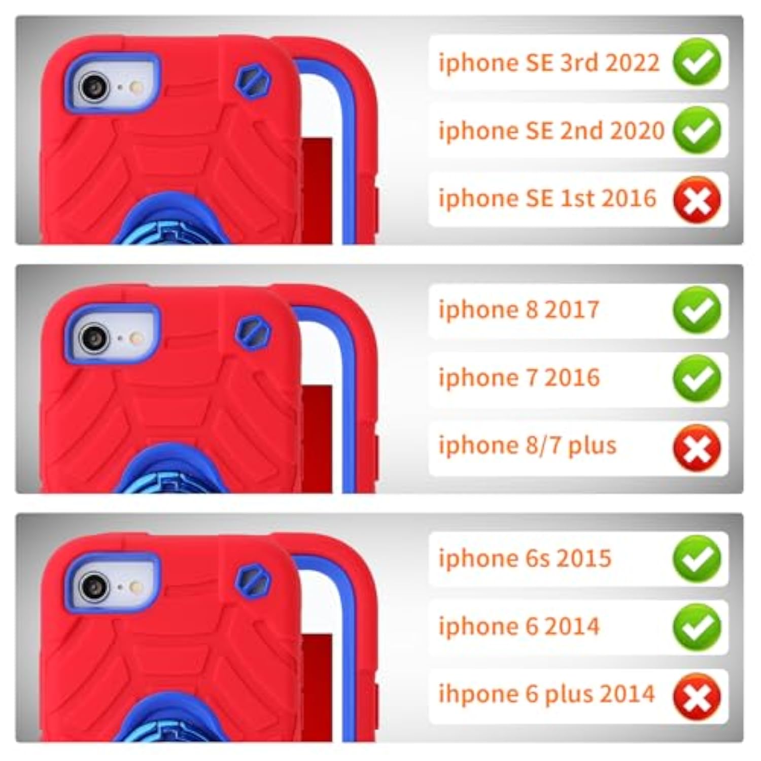 For Iphone Se 3Rd/2Nd Generation Case, Iphone 8/7/6/6S With Kickstand (Not For Plus Sized Models),Shockproof Hybrid Hard Pc Soft Rubber Iphone Se Case 2022/2020 Cover 4.7" For Kids (Red+Blue)