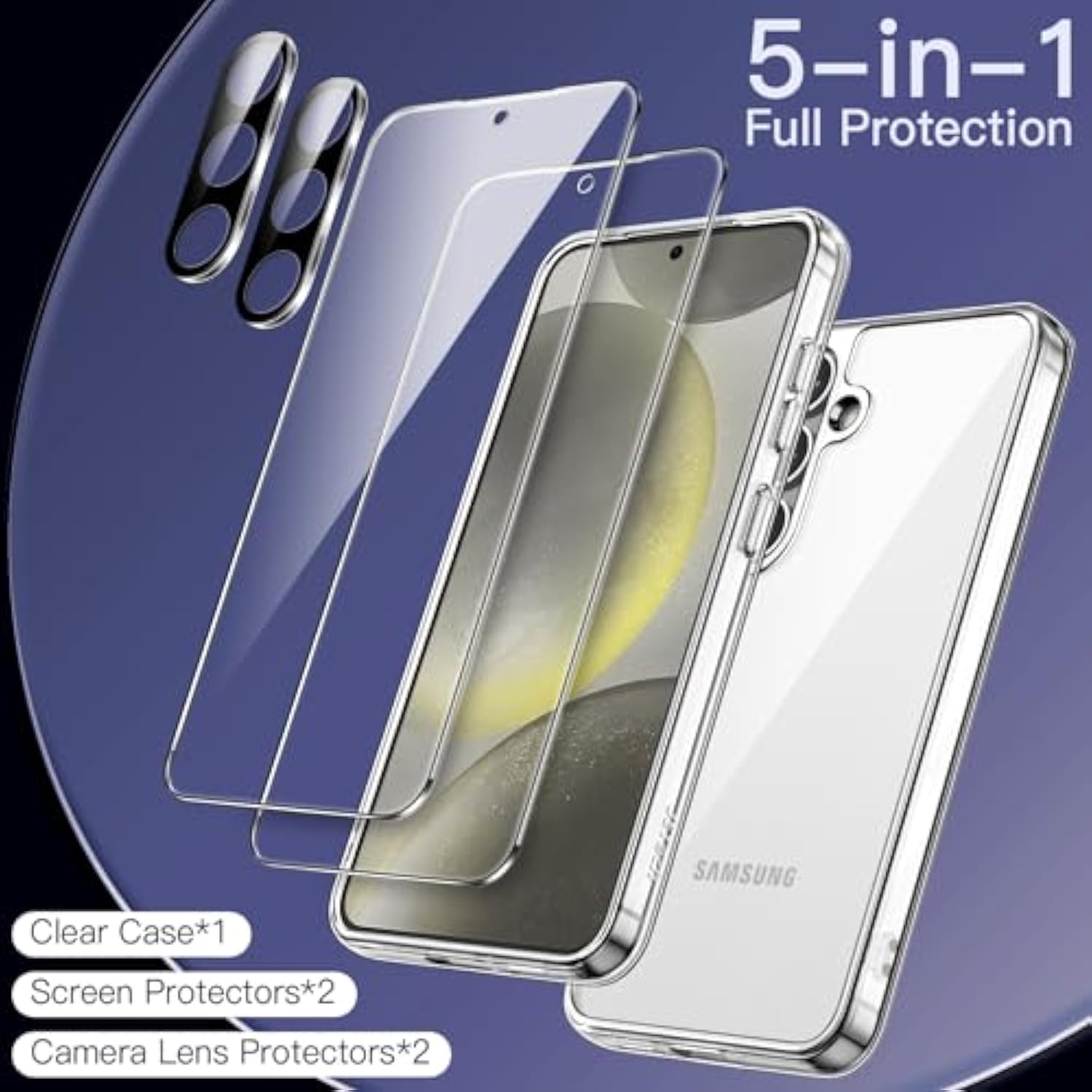 JETech 5 in 1 Case for Samsung Galaxy S24 5G with 2-Pack Each Tempered Glass Screen Protector and Camera Lens Protector, Non-Yellowing Shockproof Bumper Phone Cover (Clear)