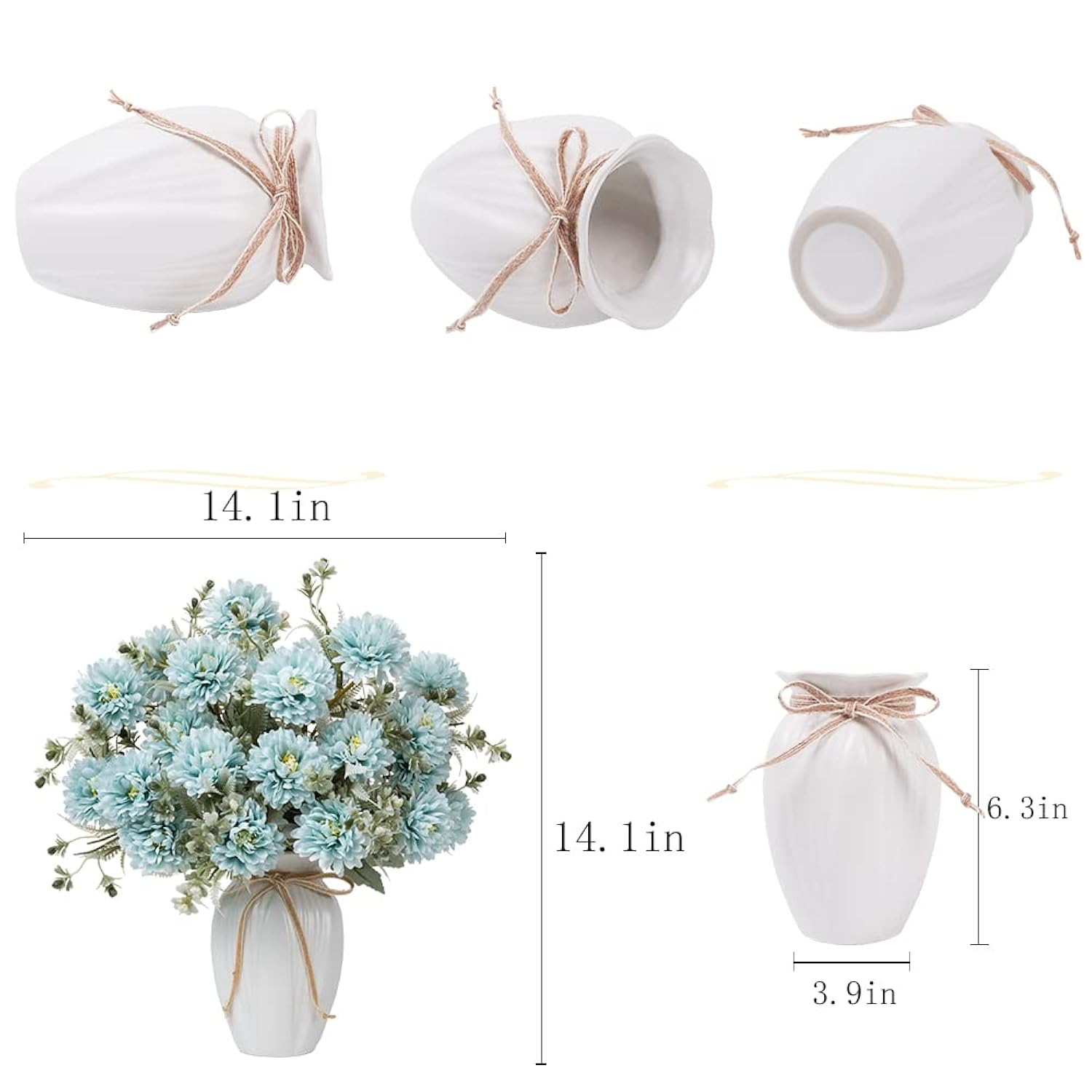 Artificial Flowers In Vase Silk Flower Bouquets Arrangement With Vase Chrysanthemum Ball For Home Wedding Table Centerpieces (Blue)