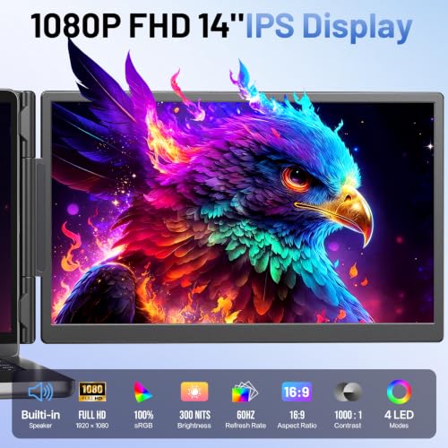 Laptop Screen Extender, 14 Fhd 1080P Portable Monitor For Laptop With 100% Srgb, Dual Screen Extender For Laptop 1317.3, Plug & Play External Monitor, Business Travel & Home Office