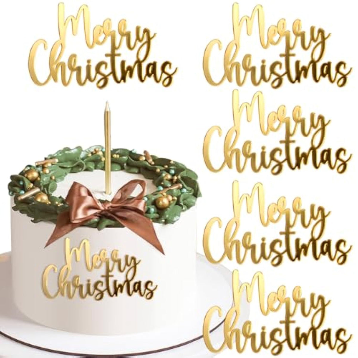 Mirror Gold Merry Christmas Cake Toppers - Acrylic & Side Cake Decorations Kit In Gold