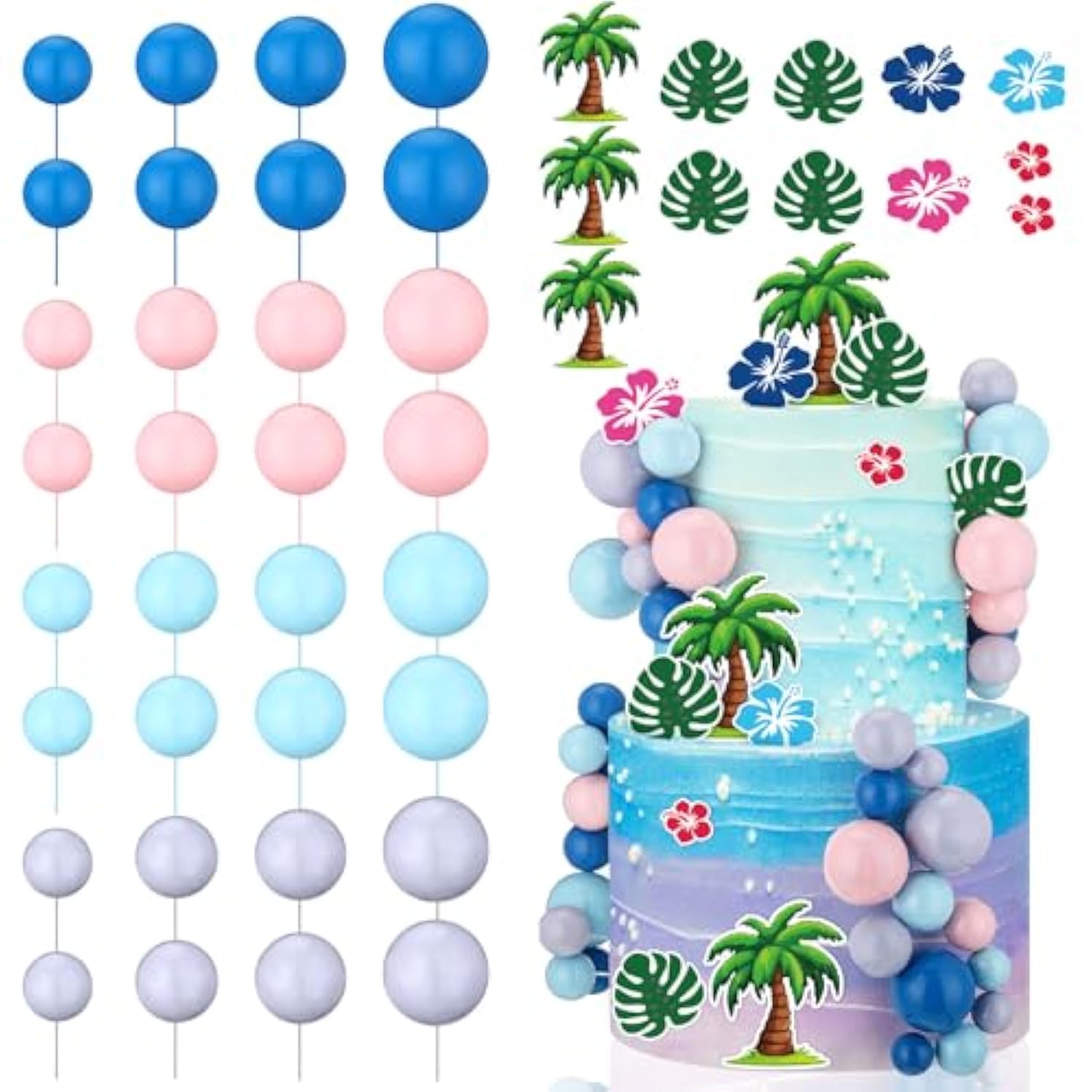 72 Pcs Cartoon Birthday Cake Topper Hawaiian Cake Topper Decoration With Balls Pink Blue Birthday Decoration Hawaiian Tropical Flower Decor Baby Shower Party Supplies