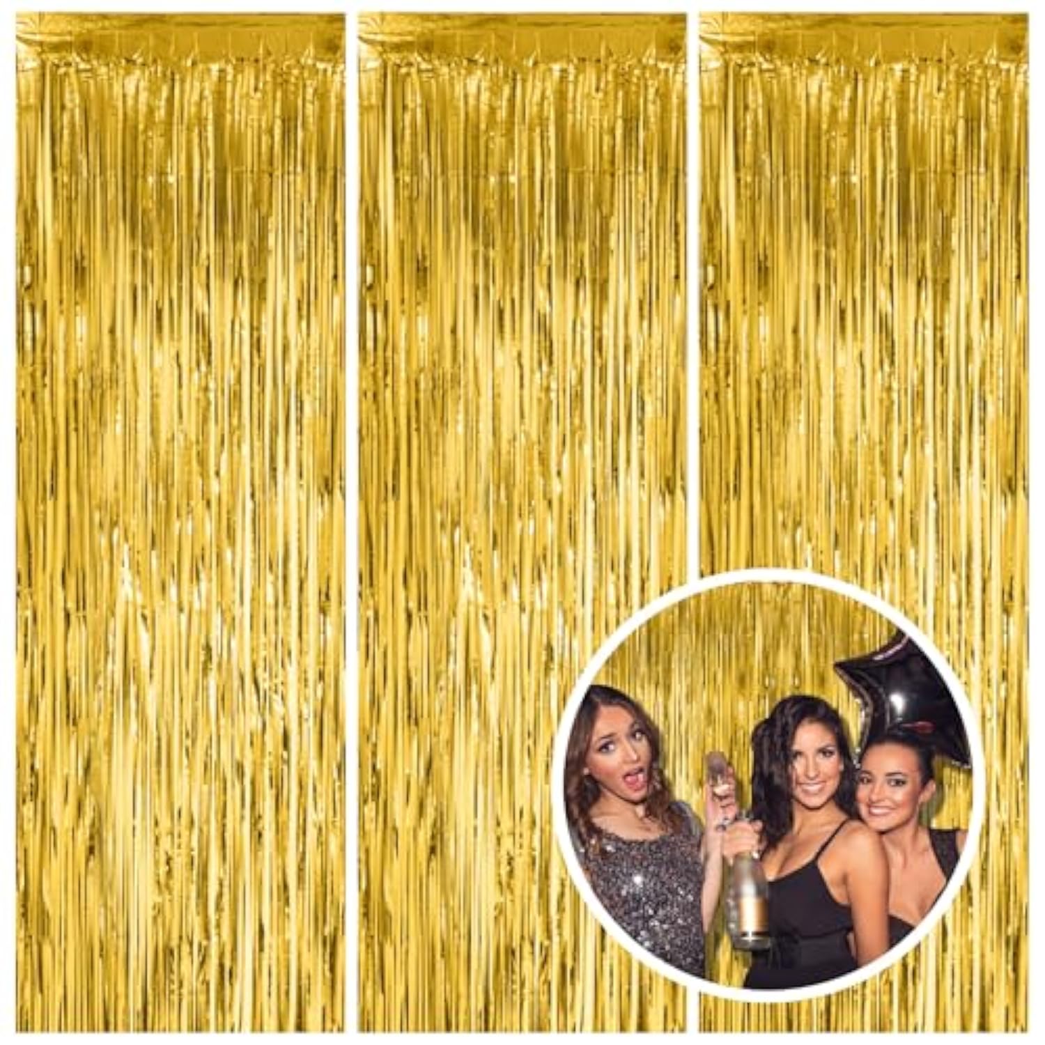 3 Pack Gold Fringe Backdrop Curtain Tinsel Party Streamers Birthday Party Decorations New Year Photo Booth Backdrop Halloween Christmas Graduation Bachelorette Theme Party Decorations
