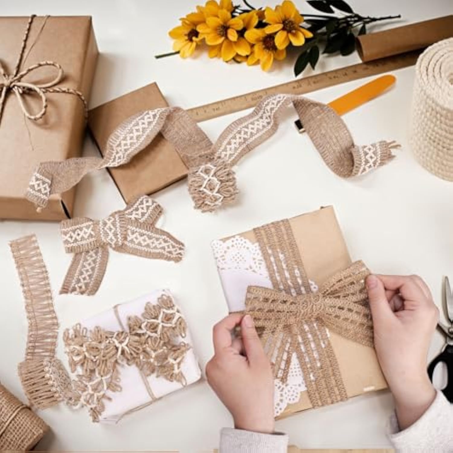 7 Pack Jute Ribbons, Rustic Ribbons Lace Craft Ribbon Net Burlap Fabri