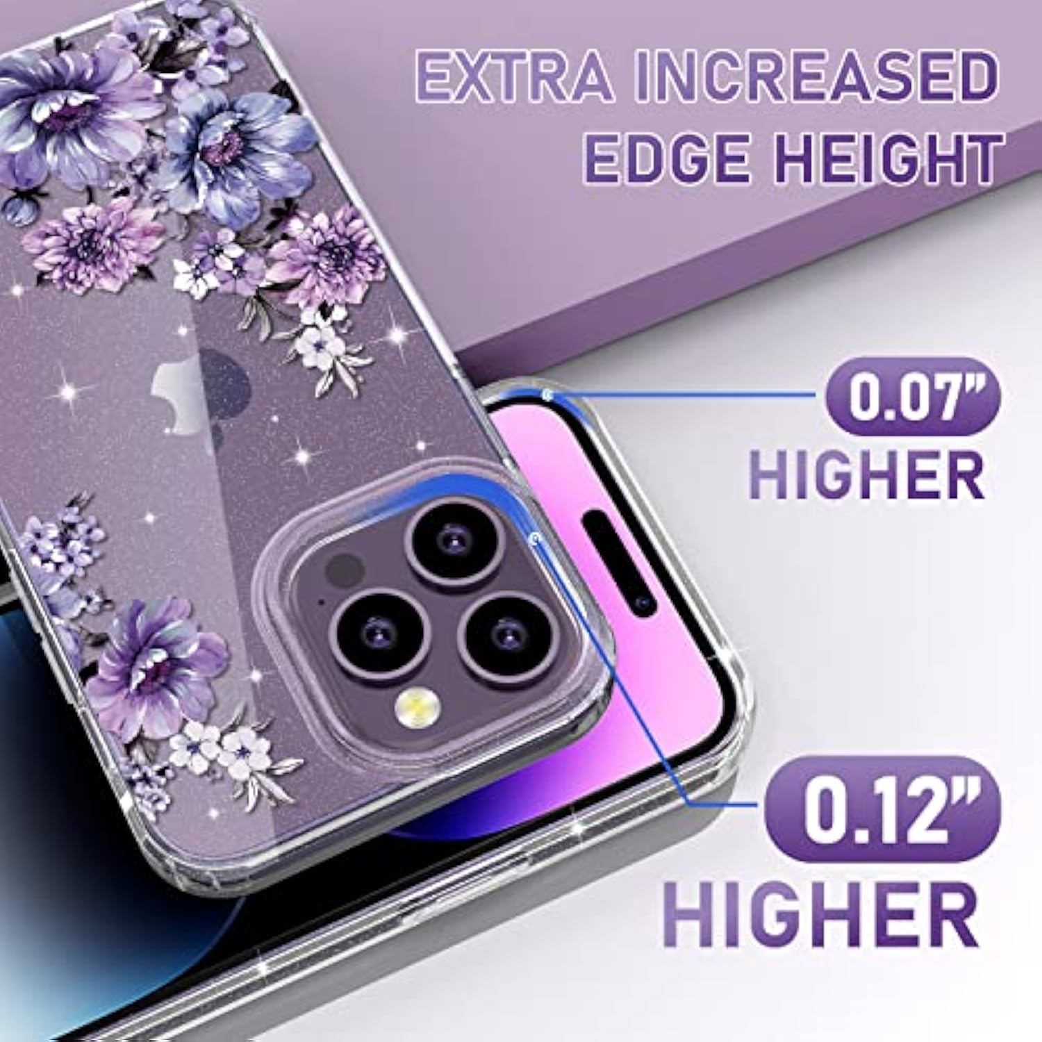 (3 In 1 For Iphone 14 Pro Max Case Flower, With Screen Protector/Camera Lens Protector Cute Floral Pattern Clear Glitter Sparkly Bling Slim Hard Back Cover 6.7" For Women Girls, Purple Floral