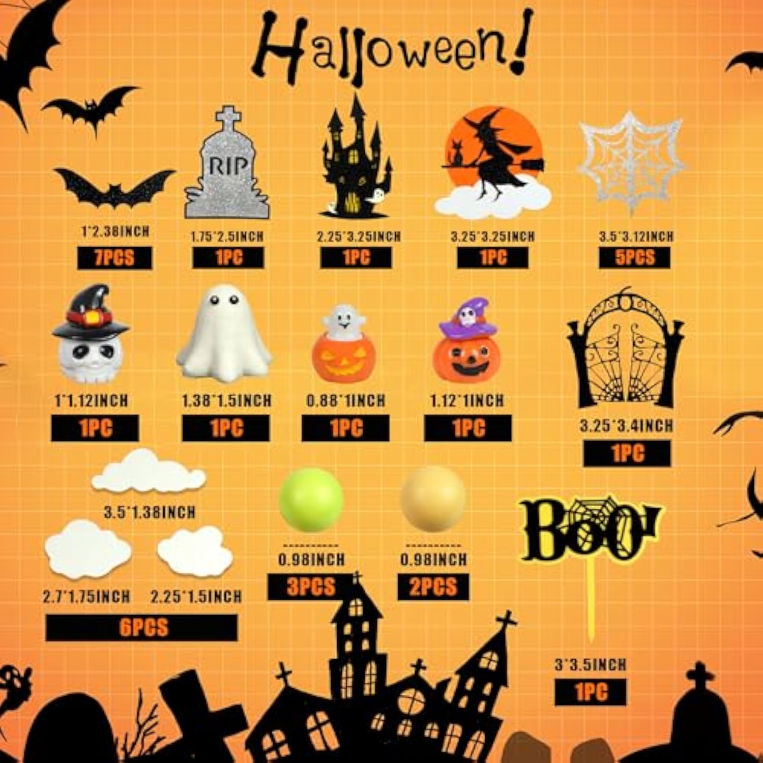 Halloween Cake Toppers Pumpkin Ghost Skull Spider Witch Castle Party Decorations