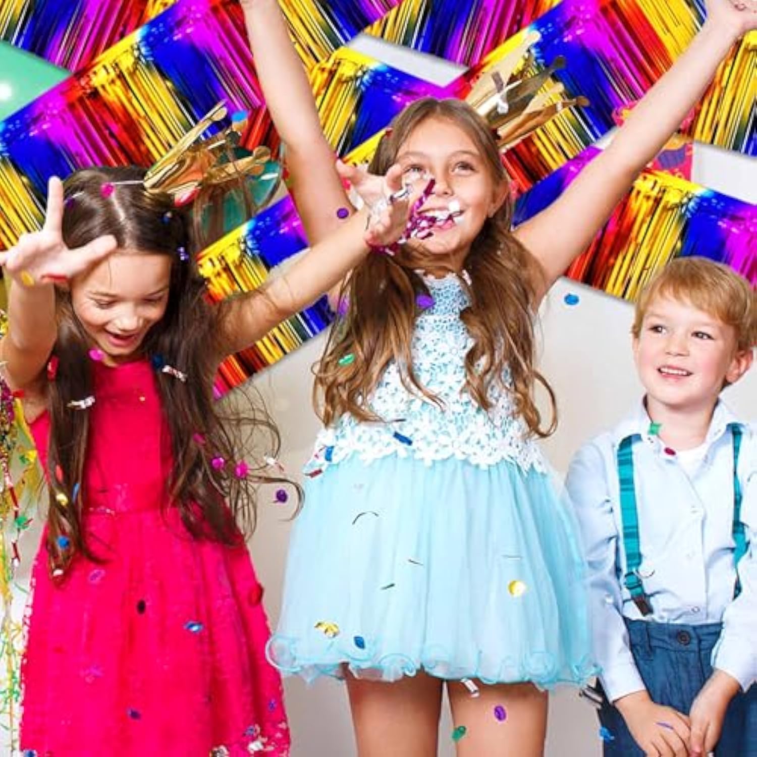 3 Pack 10 Ft Rainbow Foil Fringe Garland Metallic Streamers Tinsel Banner Wall Hanging Garland Backdrop For Parade Floats, Halloween, Christmas, Thanksgiving, New Year Party Decorations