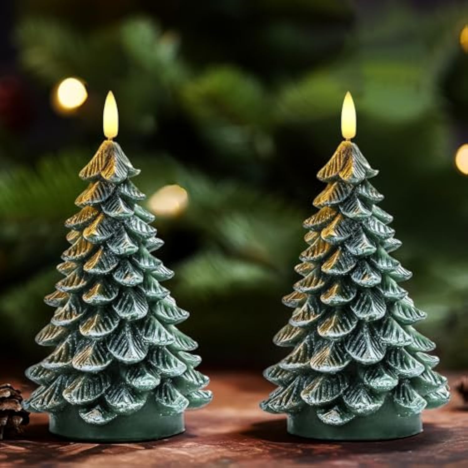 Christmas Tree Candles With 6 Hours Timer, 2 Pcs Waxy Led Flameless Candles Flickering, Green Electric Candles Battery Operated For New Year Celebration Holiday Decorations 8.5 Inches