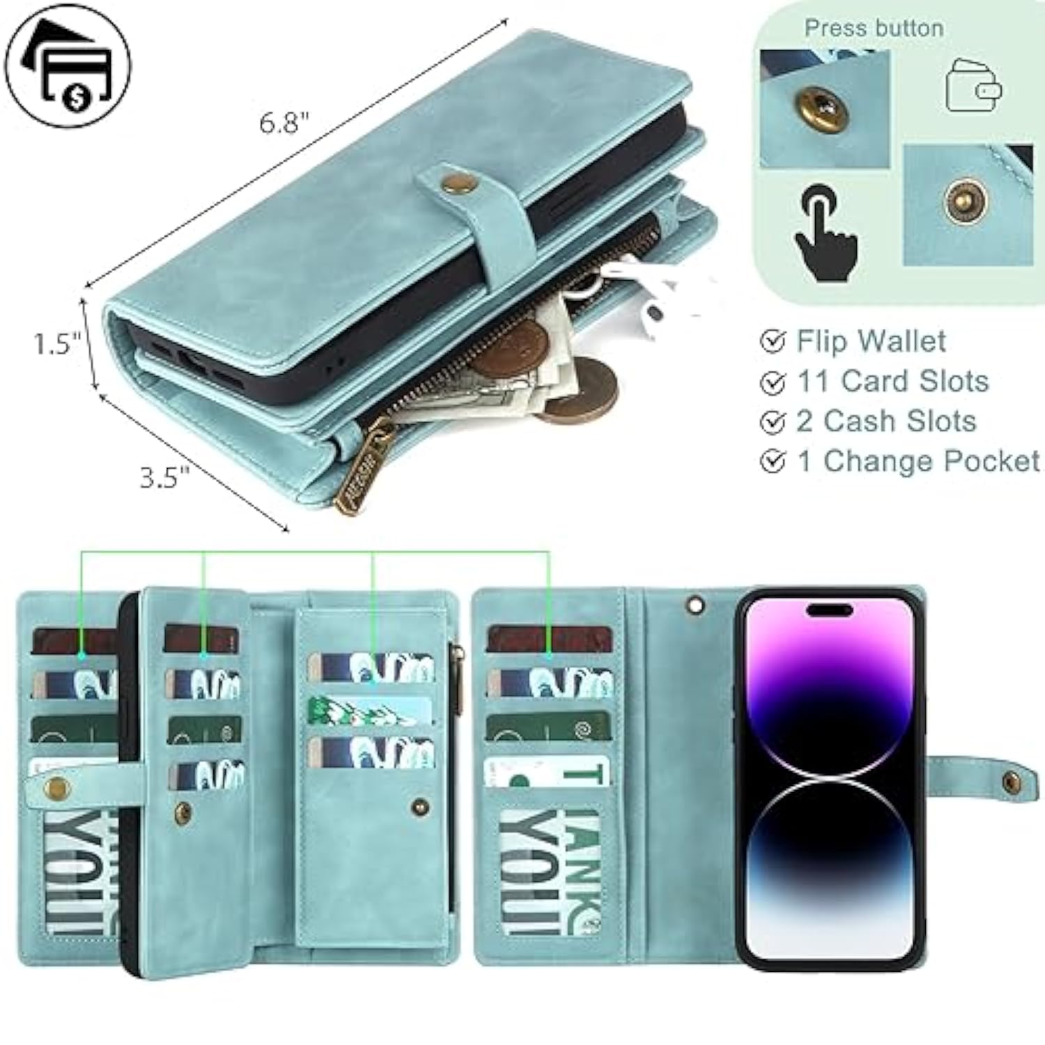 Wallet Case Compatible With Iphone 15 Pro Max,Detachable Magnetic Phone Case,All-Round Shockproof Protective Leather Phone Case With Card Holder,6.7 In,Blue