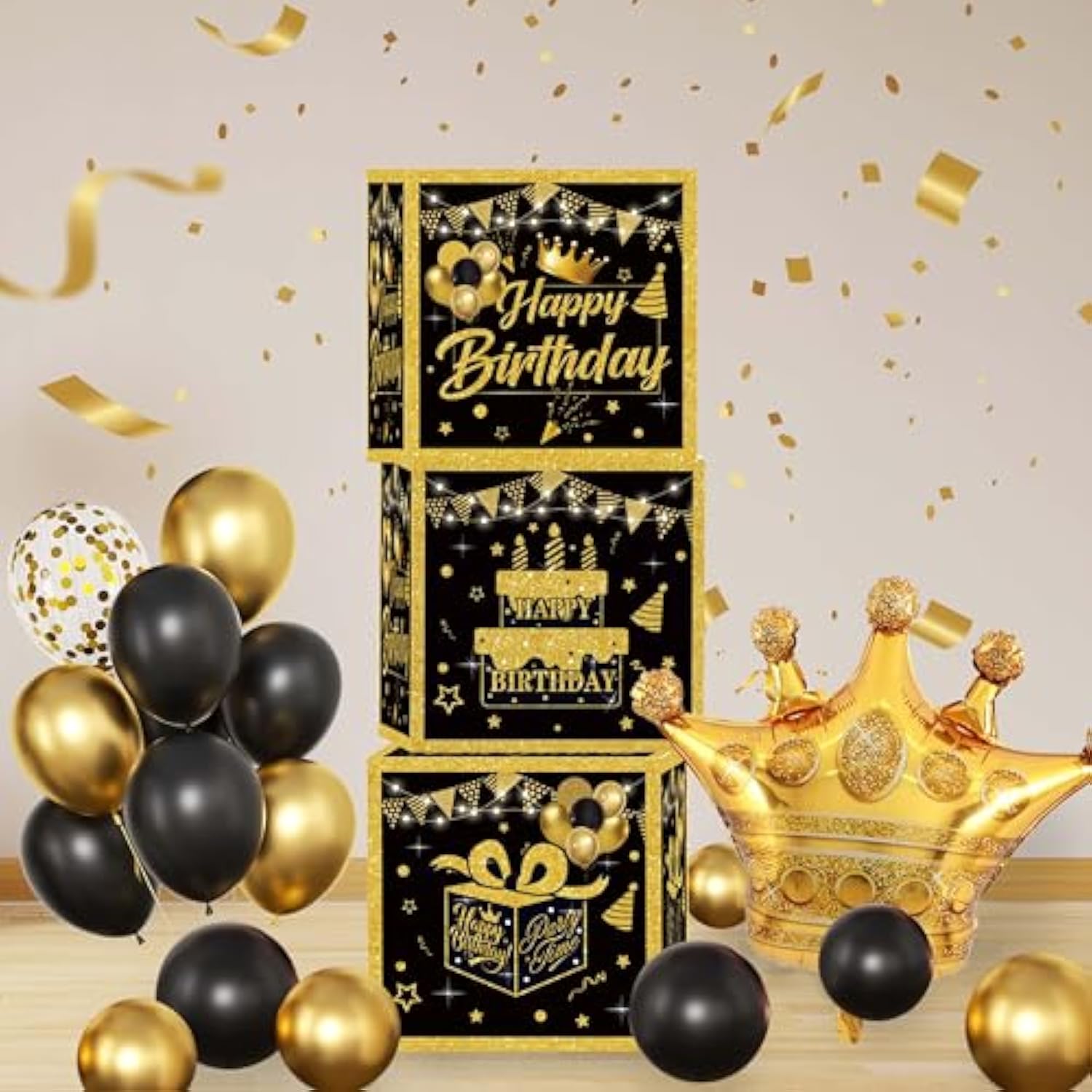 Gold Birthday Party Decorations Kit For Men,3Pcs Birthday Decorations For Men Boys Black And Gold Balloon Boxes Birthday Party Favors