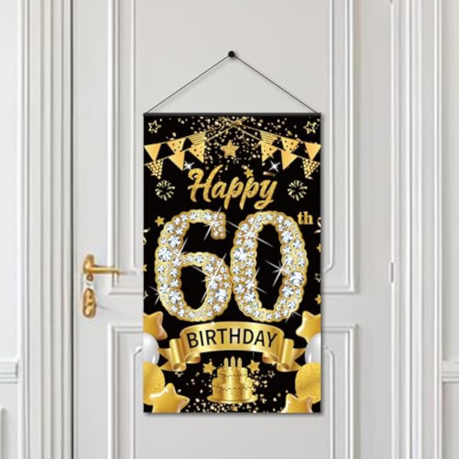 60Th Birthday Decorations Door Banner Sign For Men Women, Happy 60 Birthday Door Hanging Party Supplies, Black Gold Sixty Year Old Bday Wall Hanger Decor