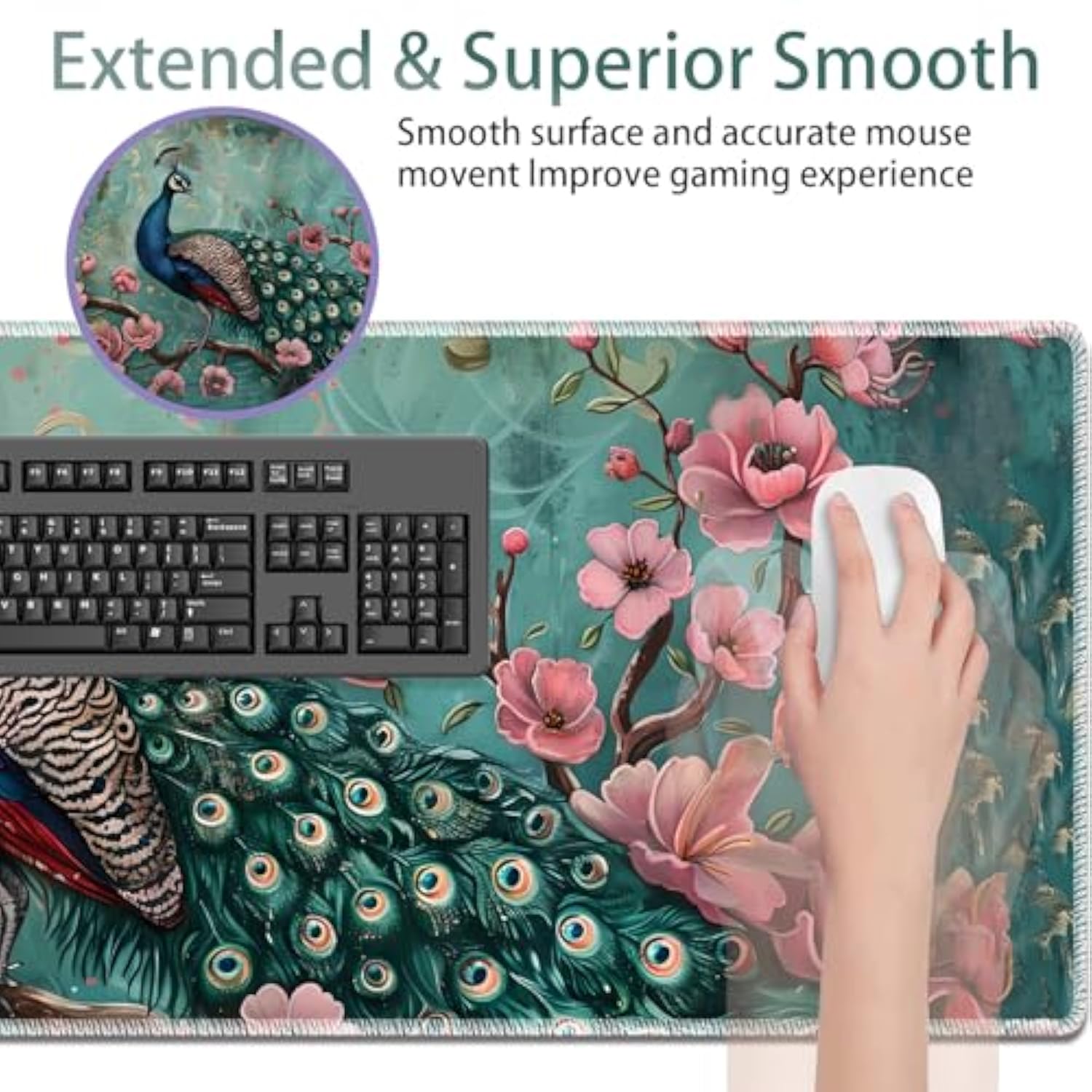 Large Gaming Mouse Pad Non-Slip Keyboard Pad Soft Extended Desk Mat Desktop Writing Pad (31.5"×11.8") Combined With Coasters, Home And Office Desktop Decor, Peacock
