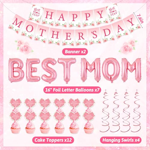 Happy Mother's Day Decorations, Happy Mothers Day Banner With Best Mom Balloons, Hanging Swirls, Happy Mothers Day Decor for Women Decoration