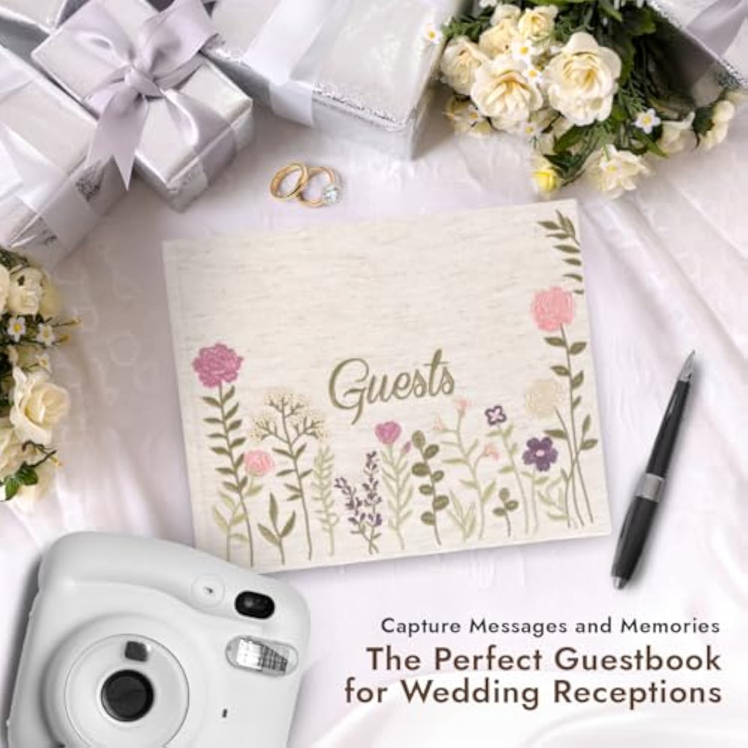 Linen Embroidered Photo Wedding Guest Book - Premium Hardcover Polaroid Guestbook For Wedding Reception, Baby Shower, Bridal Shower, Funeral, Engagements -160 Pages For Messages -10.25" × 8.25"