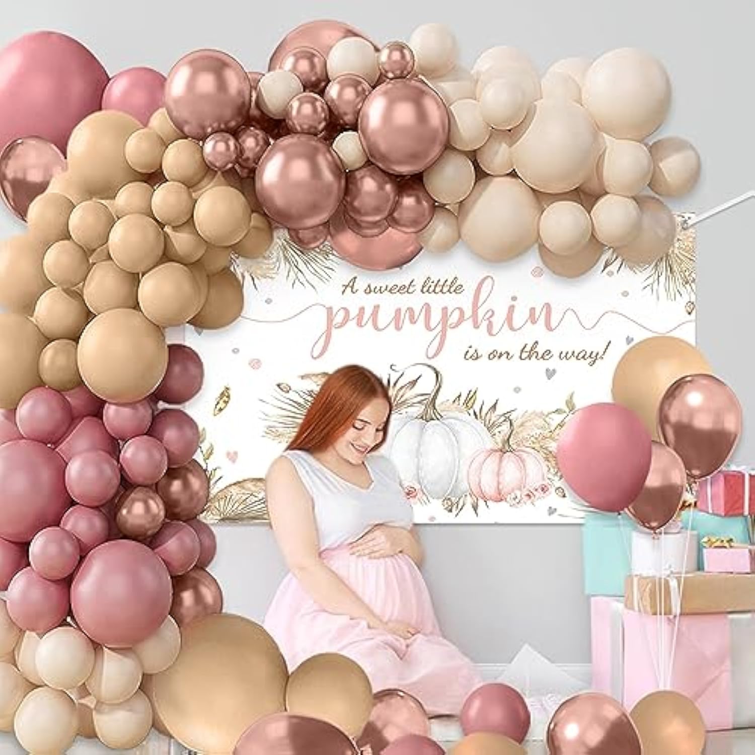 Boho Baby Shower Balloon Arch Kit: Pumpkin Pink, Rose Gold, 156 Piece