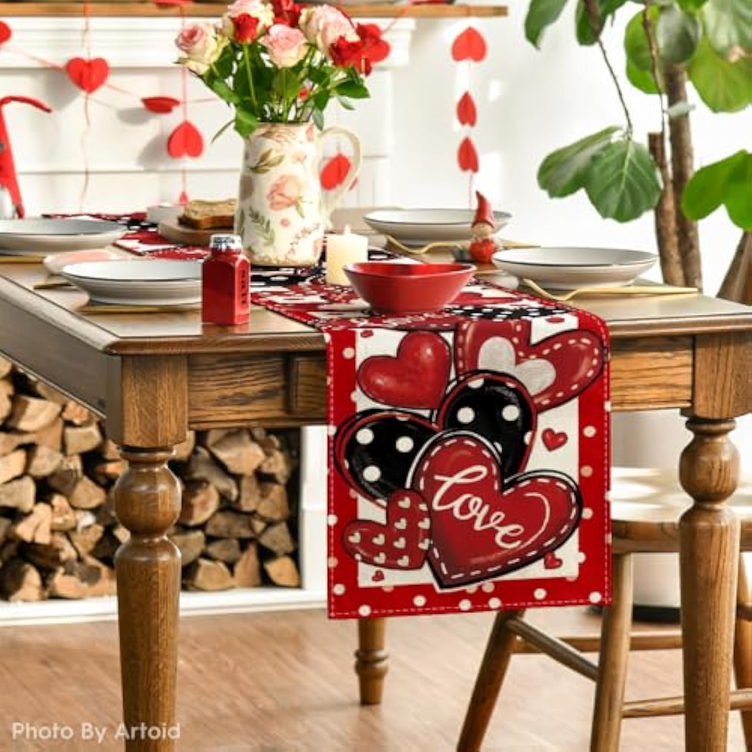 Red Polka Dot Heart Love Valentine'S Table Runner, Anniversary Wedding Kitchen Dining Table Decoration For Home Party Decor 13X72 Inch