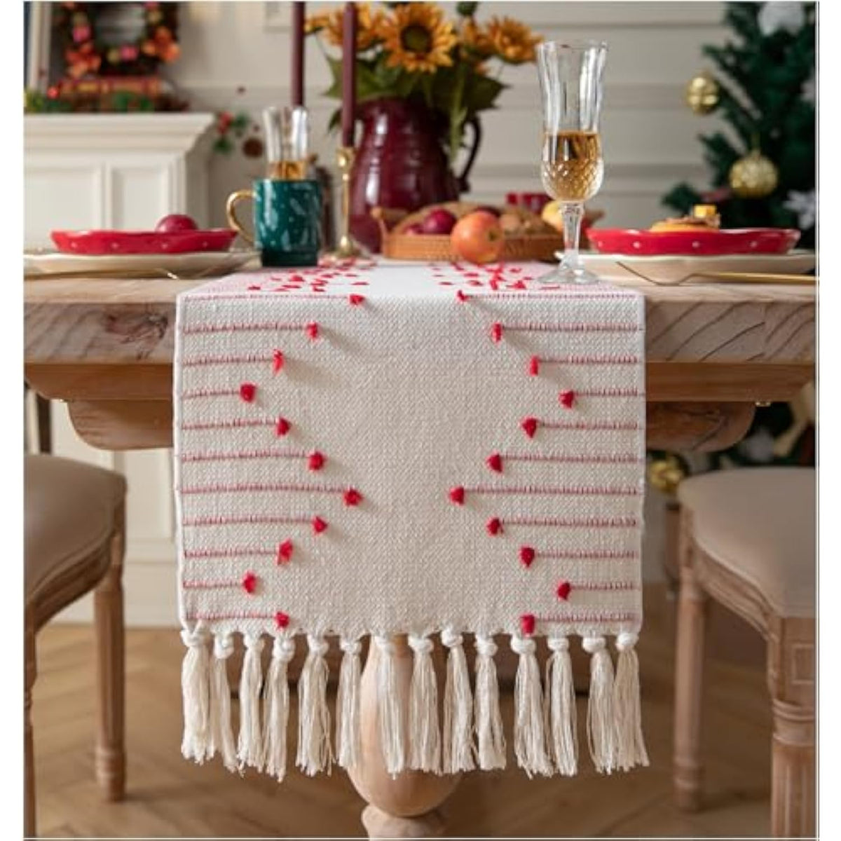 Christmas Table Runner 13 X 90 Inch Long Natural Cotton Woven Runner With Tassels For Home Dining Christmas Decorations, For Modern Farmhouse Holiday Boho Table Runner, Red And Beige