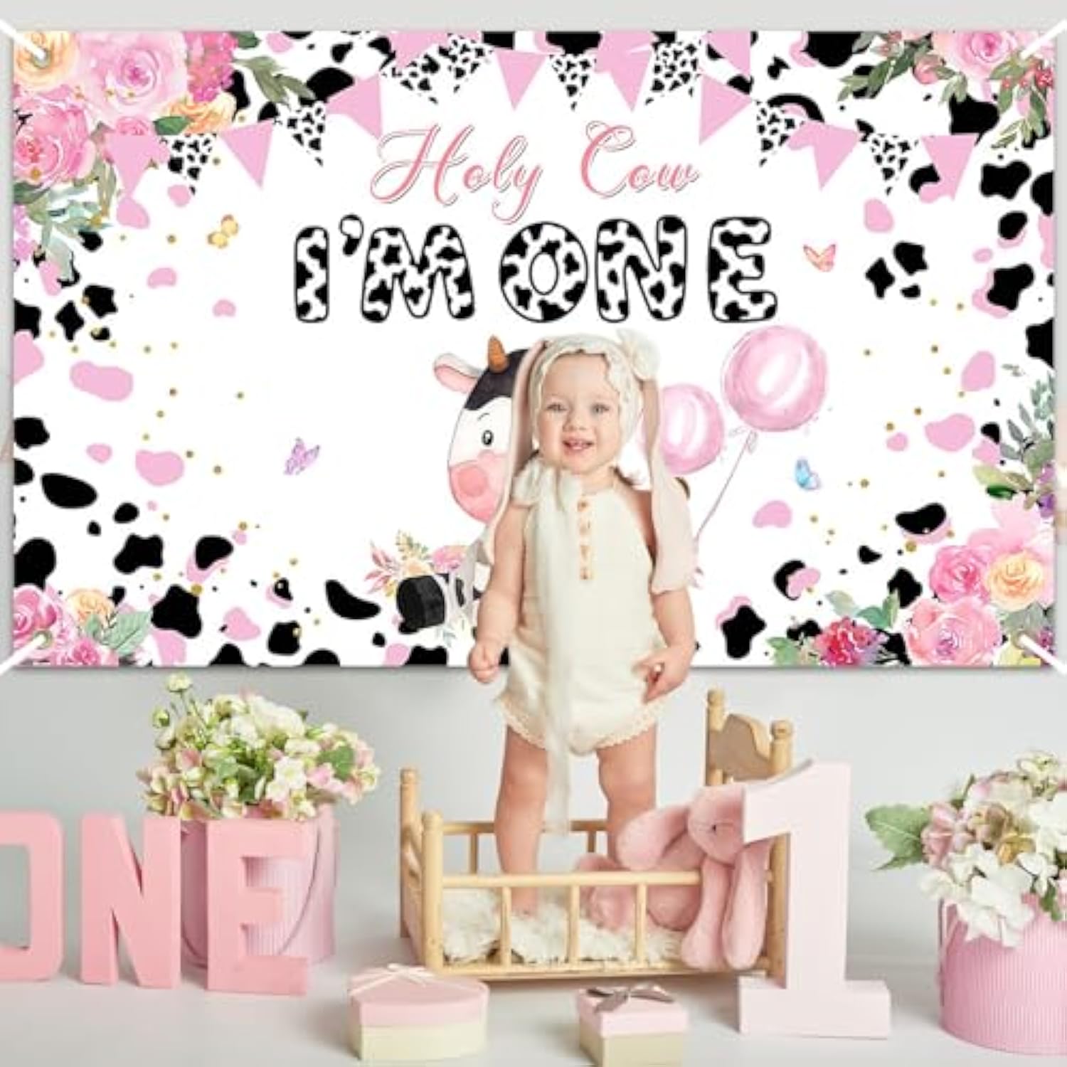 Holy Cow I'M One Birthday Backdrop Flower Farm 1St Birthday Party Decorations Holy Cow I'M One Banner 70.8 X 43.3 Inch