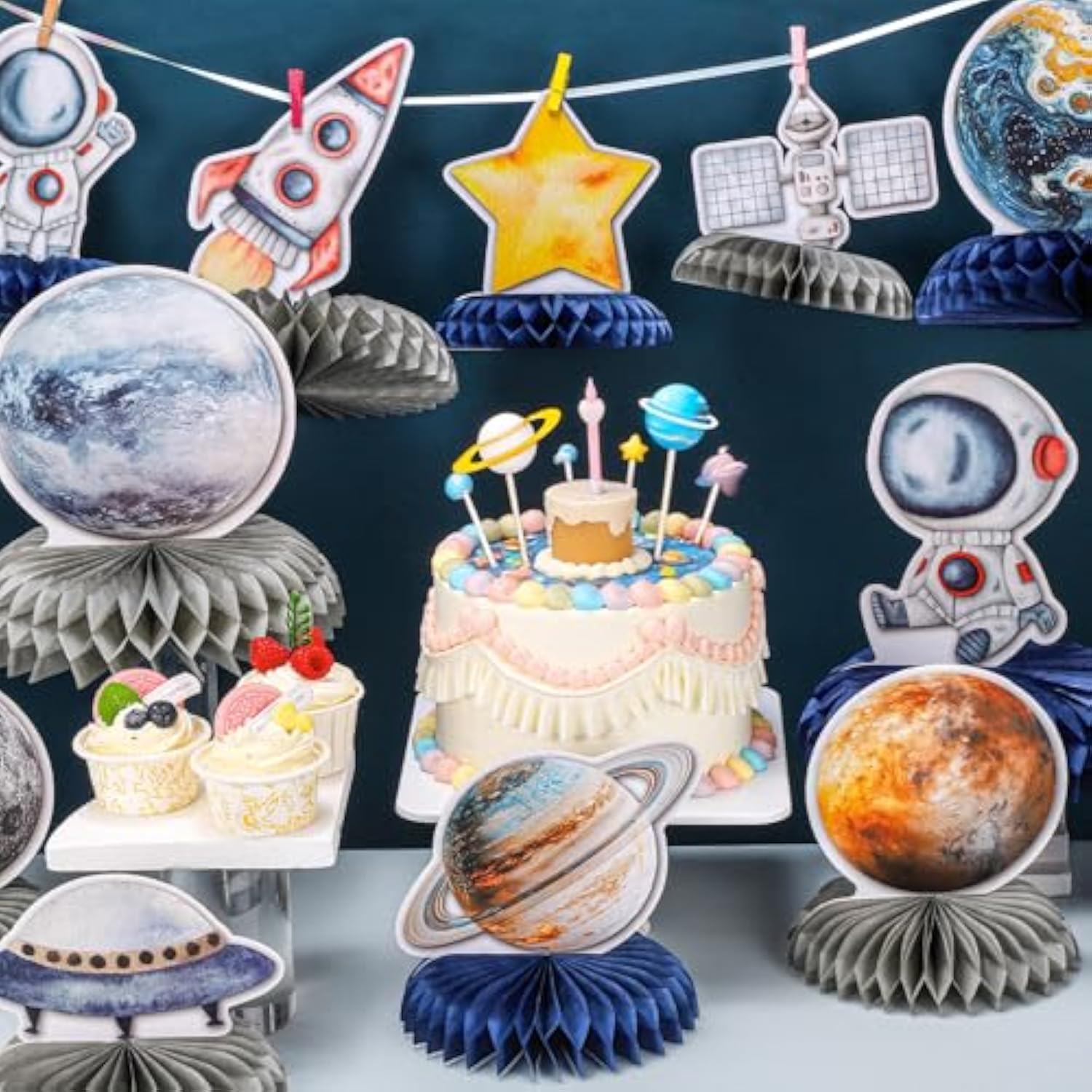 12 Pcs Space Theme Party Decorations Outer Space Honeycomb Centerpieces Astronaut Birthday Party Decorations Table Centerpieces For Boys Kids Space Solar System Planets Baby Shower Party Supplies