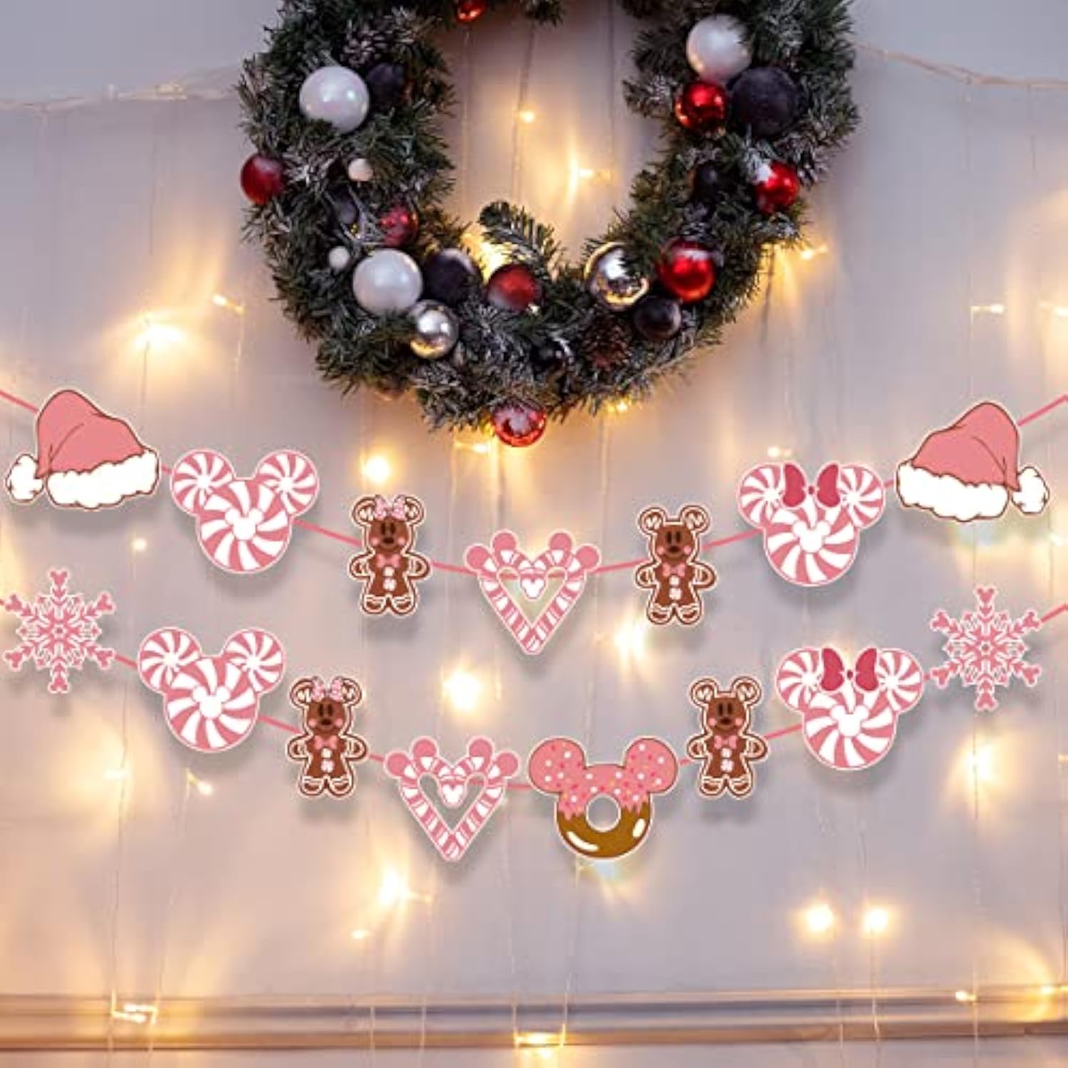 Mouse Christmas Tree Decoration-Pink Christmas Candy Garland Banner, Mouse Gingerbread Cutouts Banner For Fireplace Baby Shower Holiday New Year Supplies