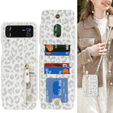 For Samsung Galaxy Z Flip 4 Case Wallet With Strap, Crossbody Strap Lanyard Card Holder Stand, Flip 4 Phone Case Cute, Leather Zipper Pocket Cover - Leopard White