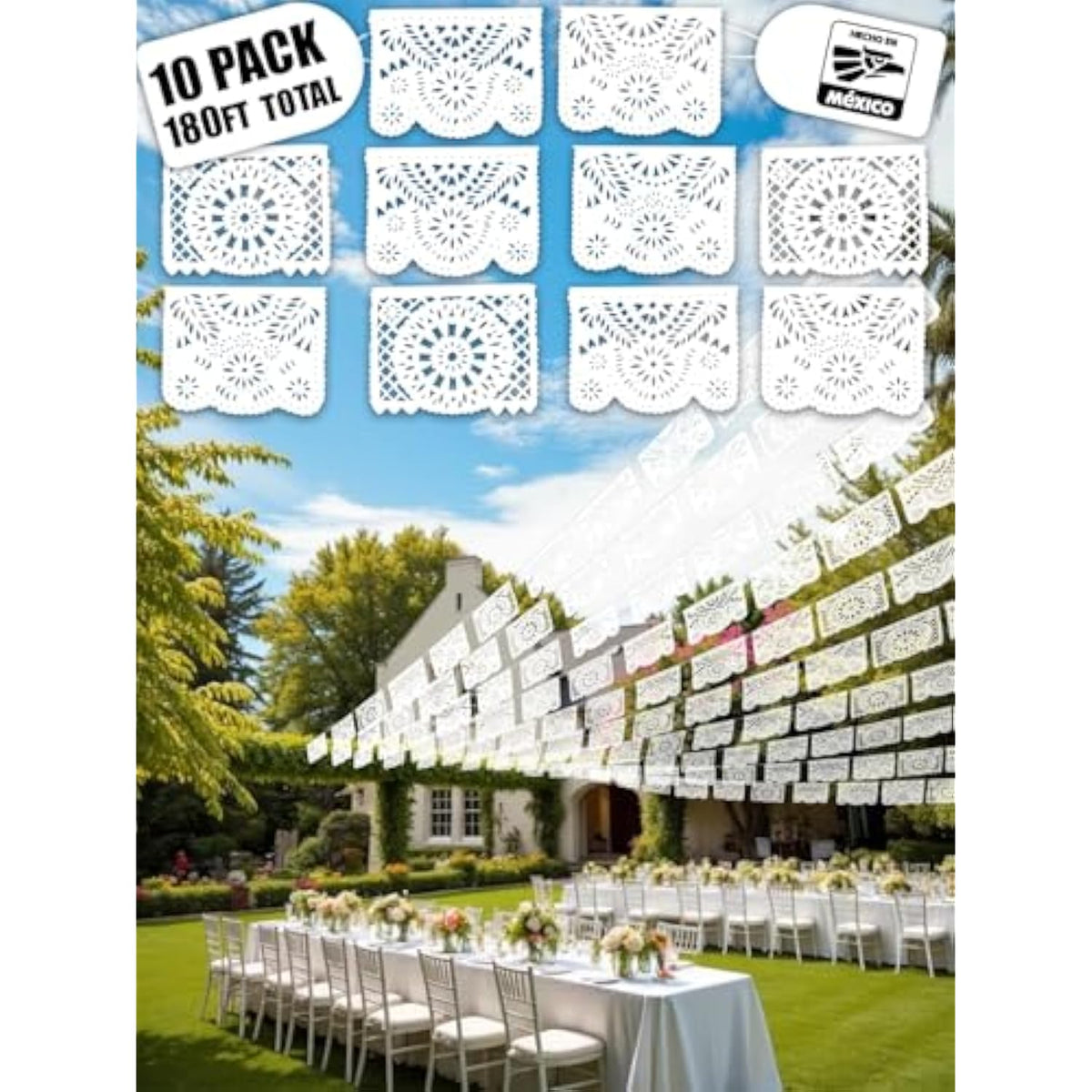 10 Pack White Papel Picado Banner 180 Ft (18 Ft X 10), 100% Made In Mexico, Papel Picado Blanco, White Mexican Banner, For Parties, Wedding, Baby Shower, Bautizos, Bodas, Birthdays | 10 Plastic Flags Per Banner |