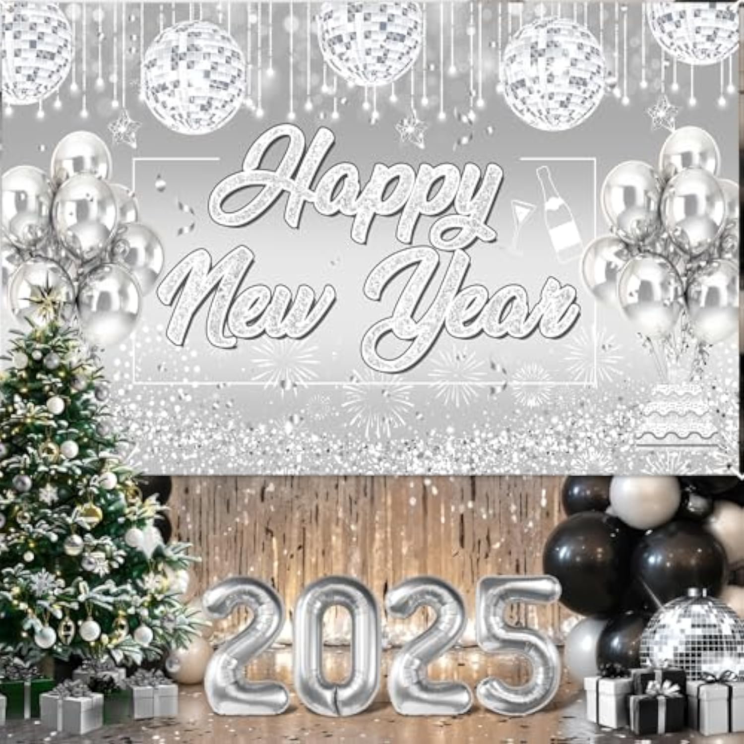 Silver Happy New Year 2026 Glitter Banner Firework Backdrop Party Decor