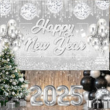 Silver Happy New Year 2026 Glitter Banner Firework Backdrop Party Decor