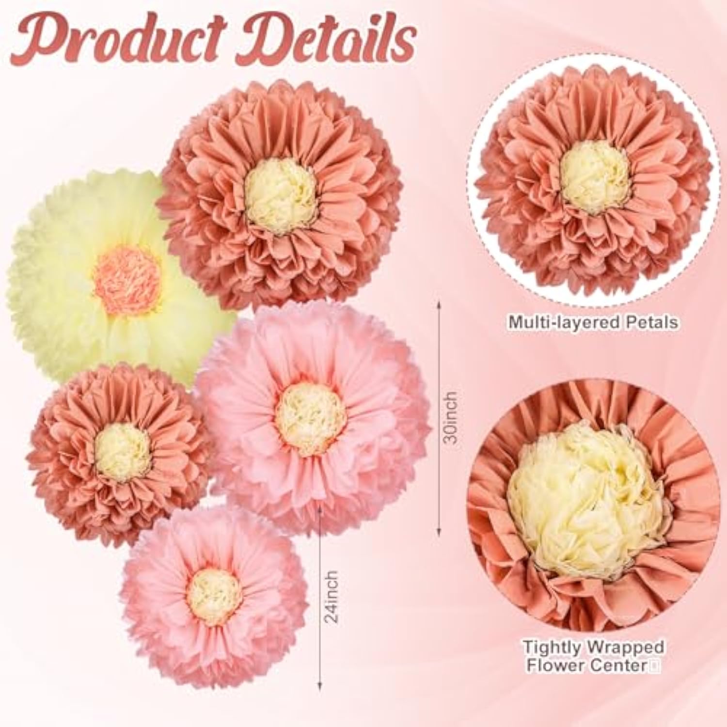 5 Pcs Gaint Boho Tissue Paper Flowers Decoration 30'' And 24'' Hanging Tissue Paper Pom Poms Decor For Boho Birthday Bachelorette Wedding Baby Shower Bridal Shower Party Decoration