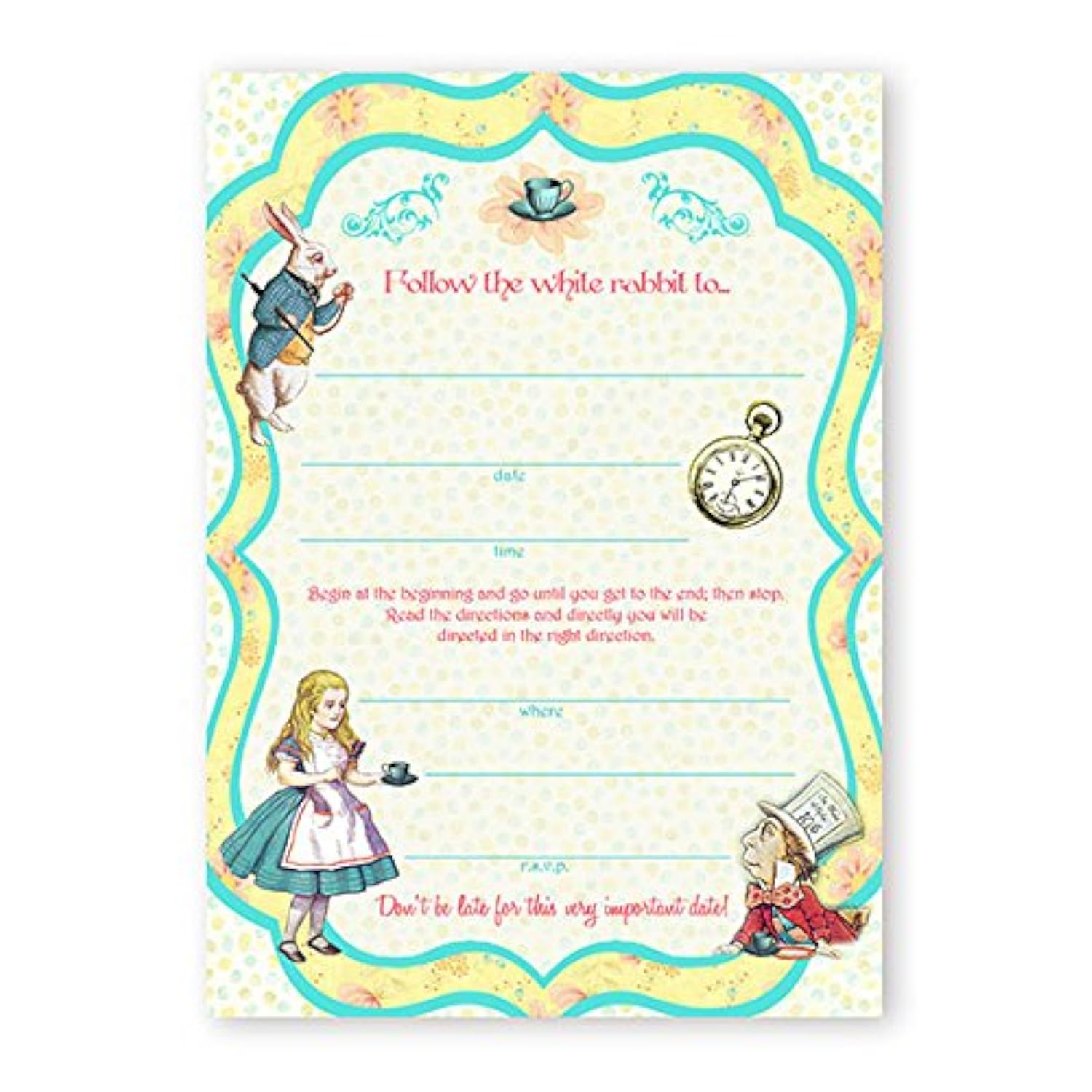 Alice In Wonderland Large Invitations - 10 Invitations + 10 Envelopes