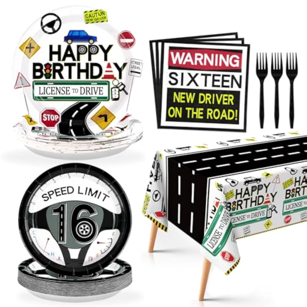 98Pcs Drivers License 16Th Birthday Party Decorations For Boys New Driver Car Road 16Th Birthday Plates And Napkins Tablecloth Tableware Sets For Learner Driver 16 Years Old Party Favors Serves 24