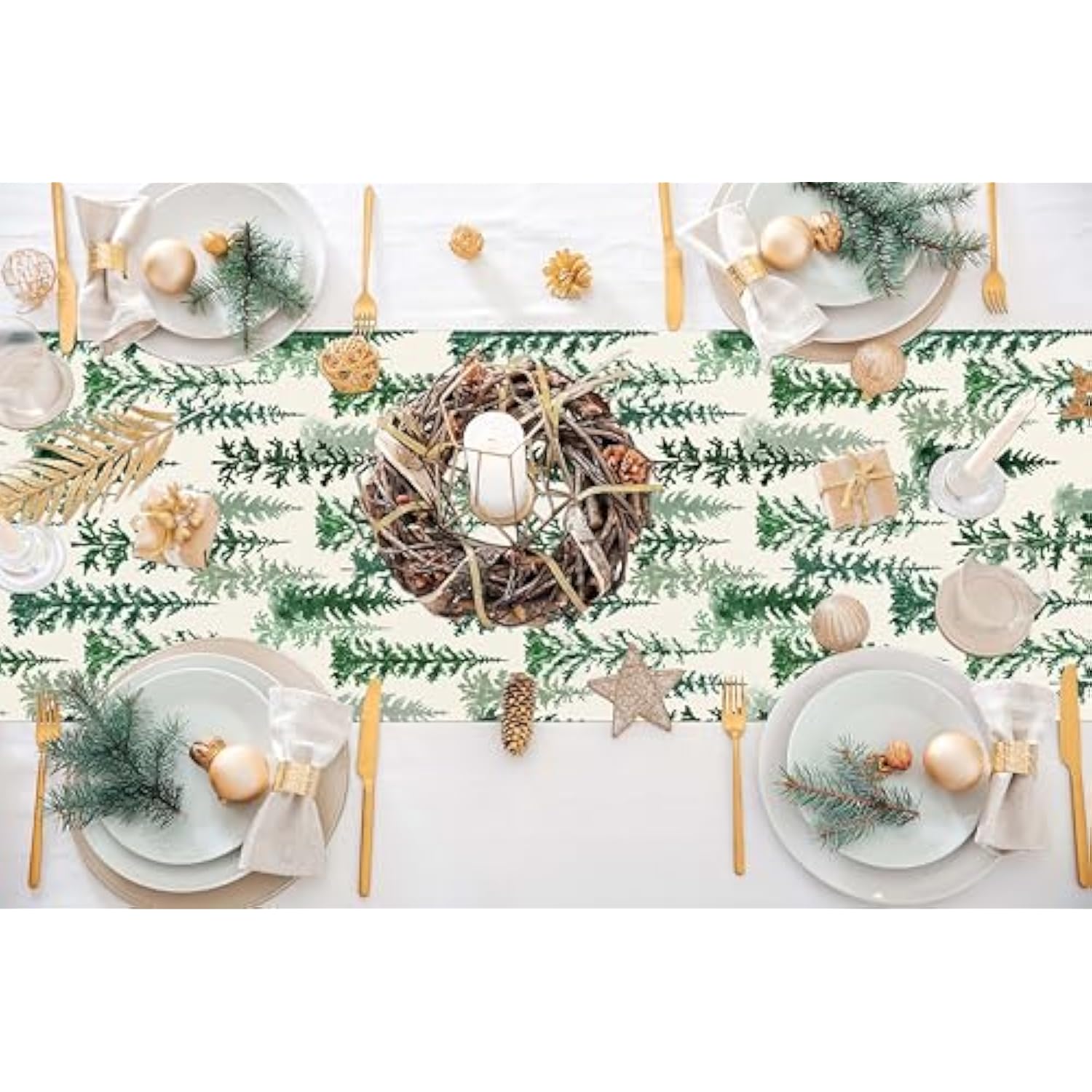 Christmas Winter Table Runner 13X36 Inch, Merry Christmas Green Pine Trees Table Decors For Seasonal Xmas Holiday Farmhouse Home Kitchen Dining Party
