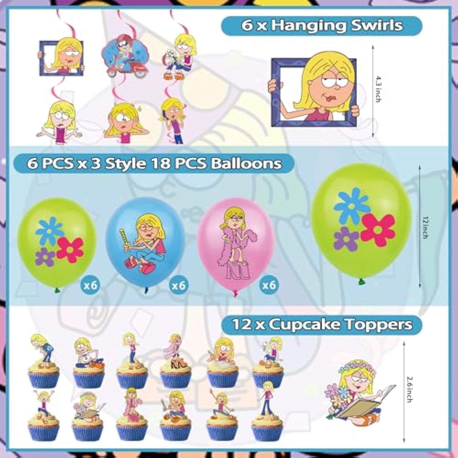 Cartoon Girls Birthday Party Decoration, Include Birthday Banner, Cake Topper, Latex Balloons, Hanging Swirls, For Lizzie Theme Kids Fans Party Supplies Favors