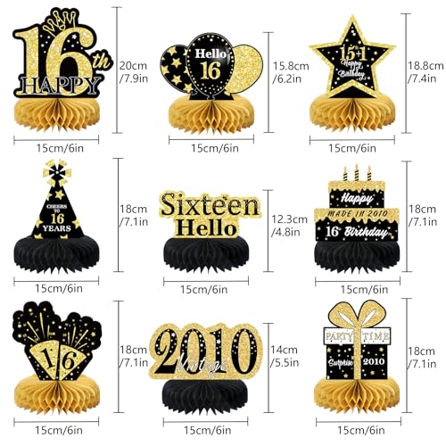 9Pcs Black Gold 16th Birthday Decorations Honeycomb Centerpieces for Boys Girls,Happy 16th Birthday Centerpieces Tables Toppers Party Decorations Supplies 16th Table Sign Decor