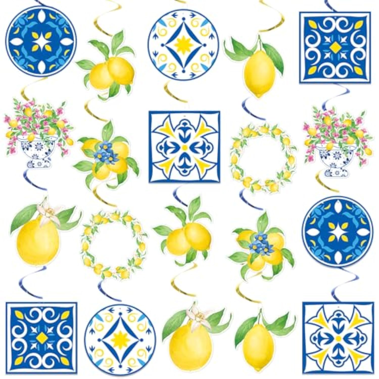 Capri Lemon Blue Yellow Tiles Spiral Hanging Swirl Decorations Mediterranean Amalfi Coast Ceiling Streamers For Positano Party Italian Summer Wedding, Birthday, Bridal Shower Bachelorette Fiesta Decor