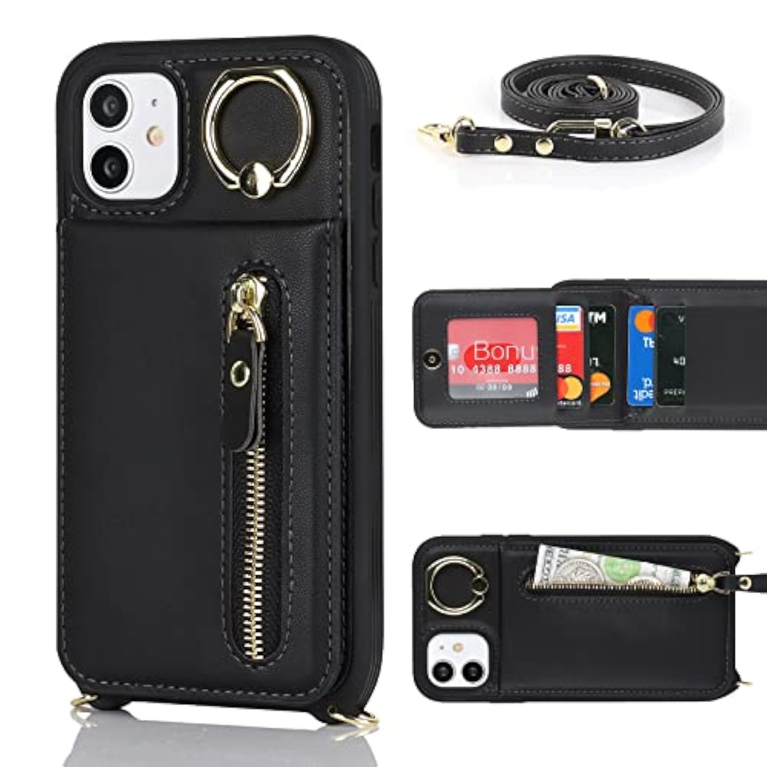 Iphone 11 Phone Case With Card Holder For Women, Iphone 11 Case Wallet With Strap Credit Card Slots Crossbody With Kickstand Zipper Shockproof Case For Iphone11 - Black