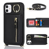 Iphone 11 Phone Case With Card Holder For Women, Iphone 11 Case Wallet With Strap Credit Card Slots Crossbody With Kickstand Zipper Shockproof Case For Iphone11 - Black