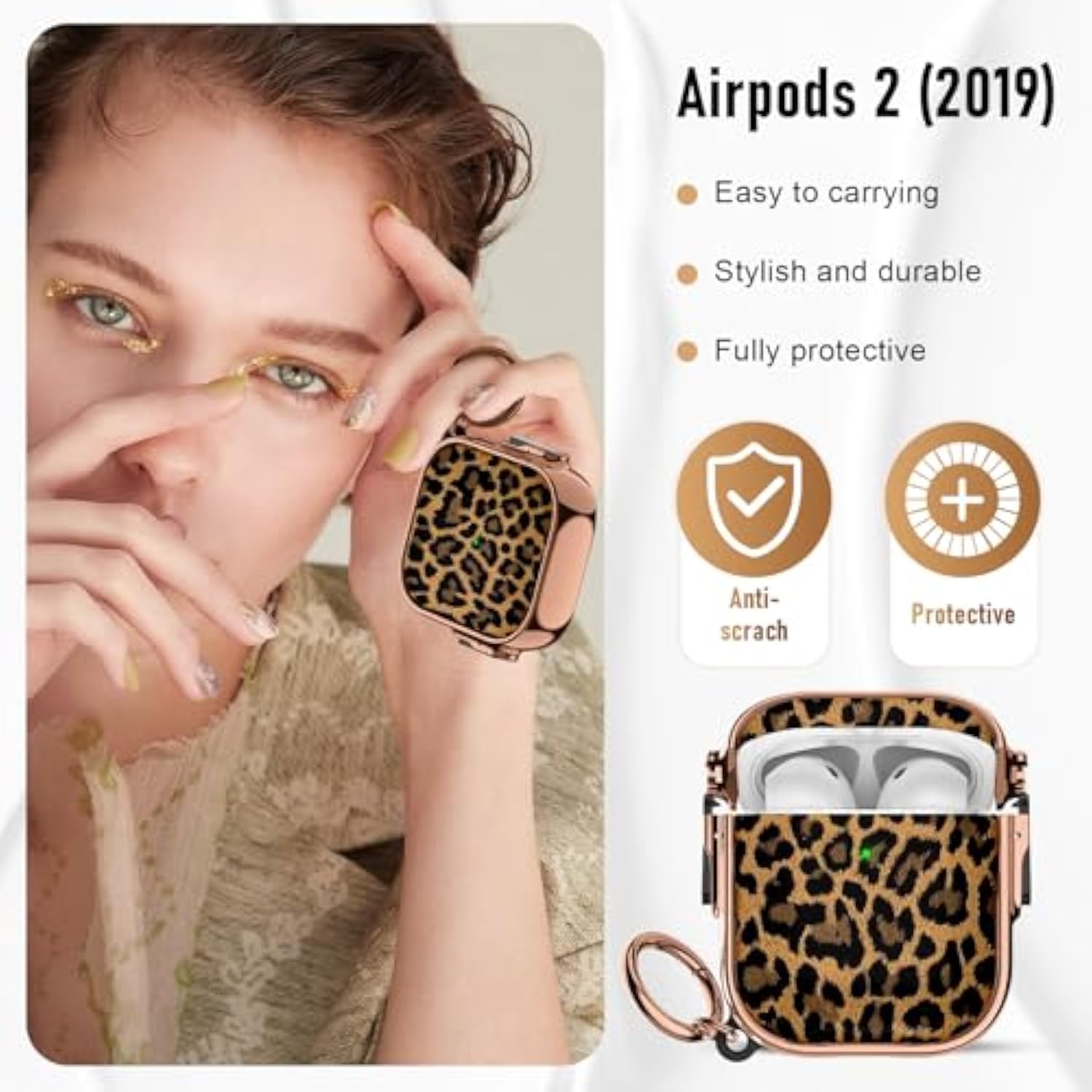 For Cute Airpods Case (2019) With Safety Lock,Compatible Leopard Print Airpod 2Nd Generation Case For Women Girly With Keychain-Gold