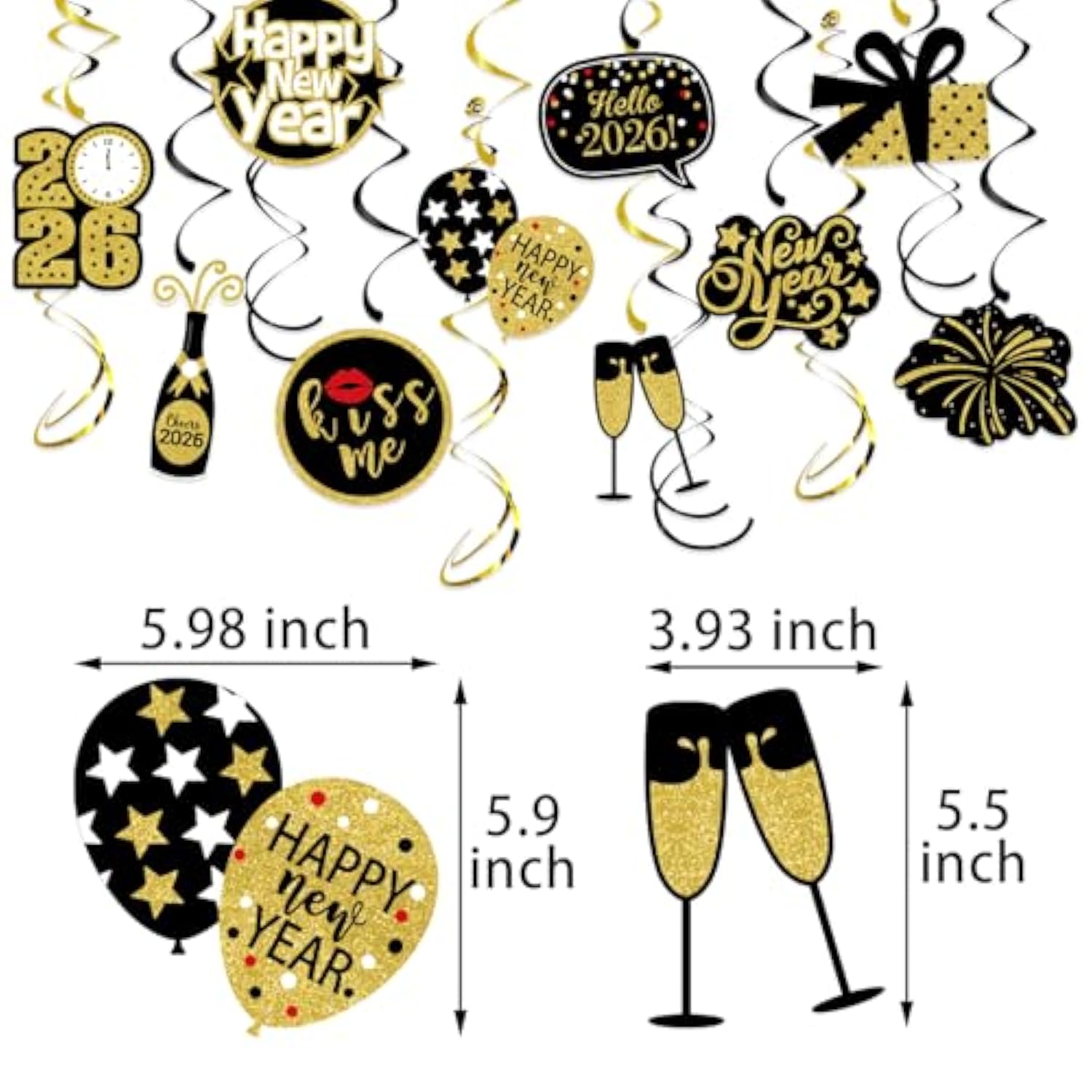 16pc Black Gold 2026 Swirl Streamers Banner New Year’s Eve Party Decor