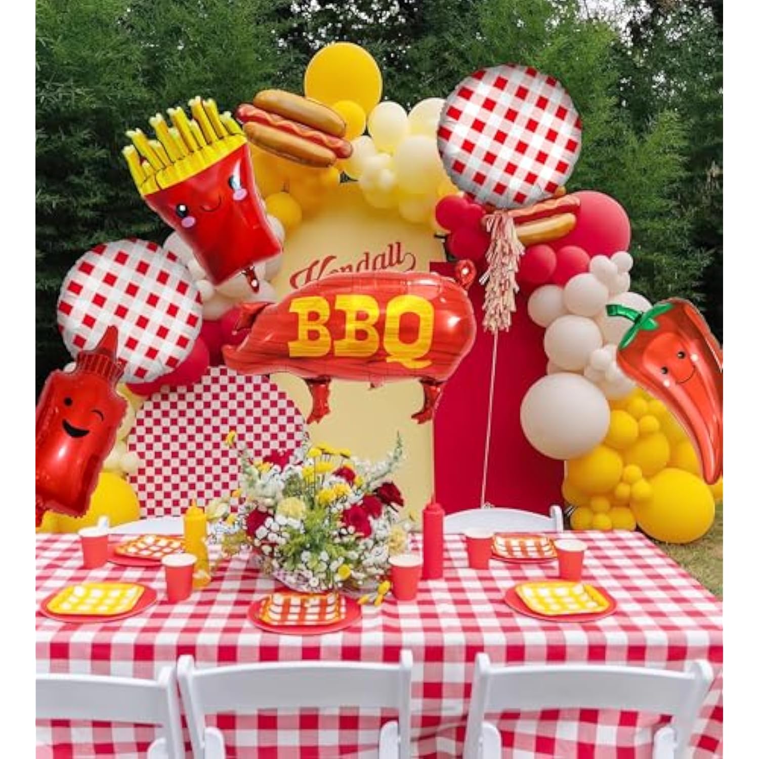 7-Pcs BBQ Theme Balloon Set Hot Dog, Fries, Chili & Checkered Balloons