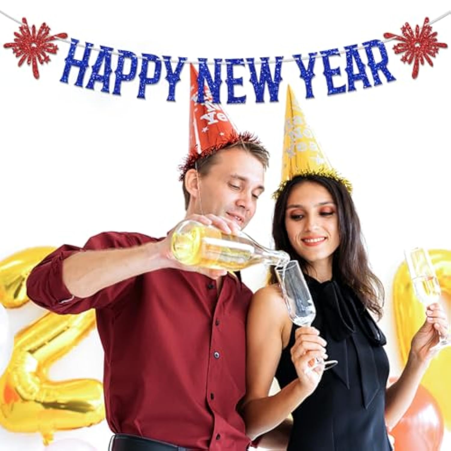 2025 Happy New Year Banner Red Blue Glitter Party Decorations