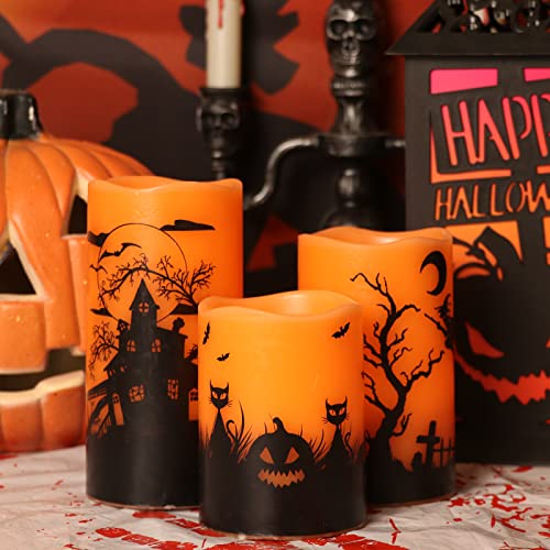 Halloween Flickering Flameless Candles with 6 Hour Timer, Battery Operated LED Real Wax Candles Set of 3 Halloween Home Decoration Gifts(3 x 4 5 6 Inch)