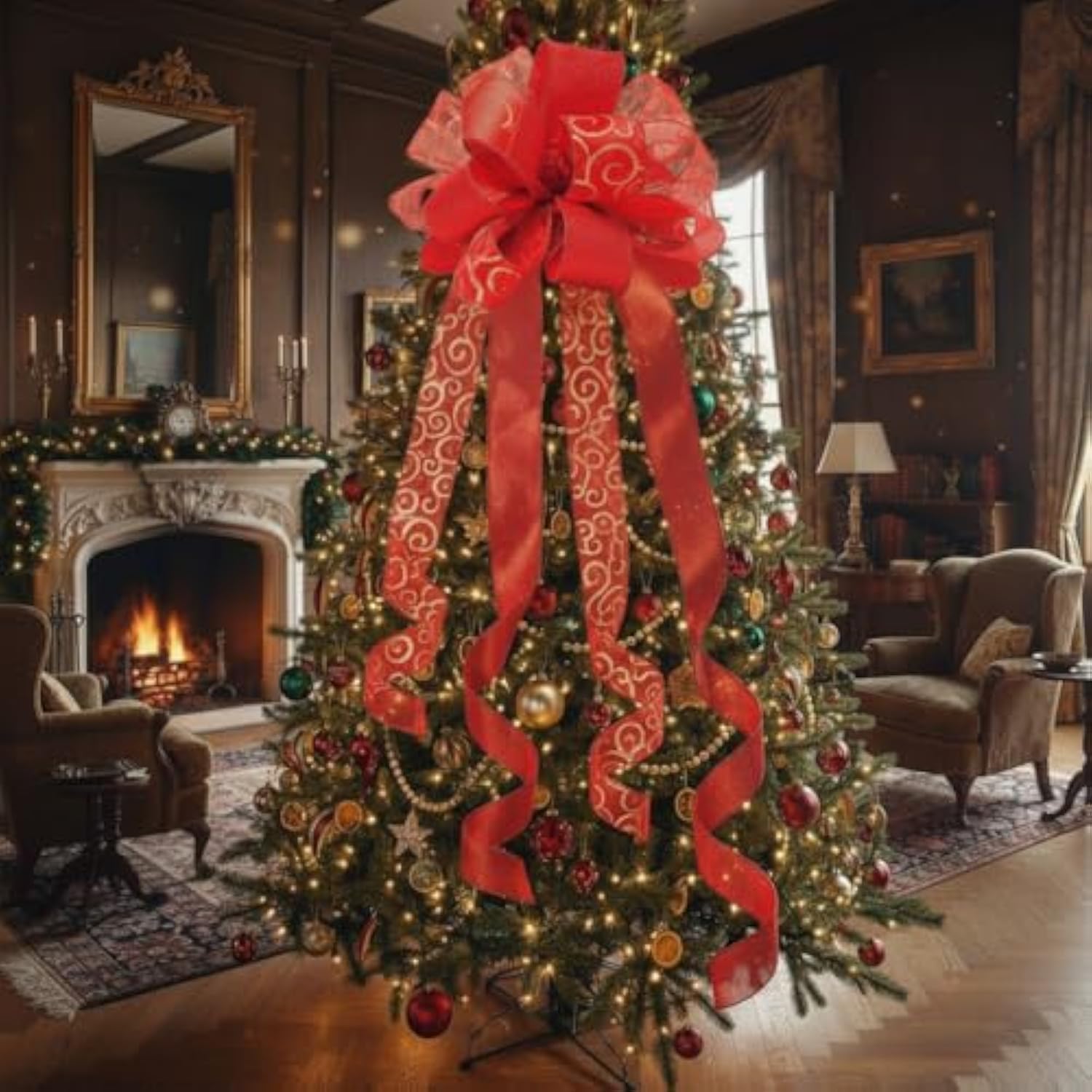 11" Wide Red Christmas Tree Topper Bow 4 Tails Streamers With 3 Yards Long Each For Home Decoration Treetop Handmade Bow Ornament Holiday Party