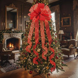 11" Wide Red Christmas Tree Topper Bow 4 Tails Streamers With 3 Yards Long Each For Home Decoration Treetop Handmade Bow Ornament Holiday Party