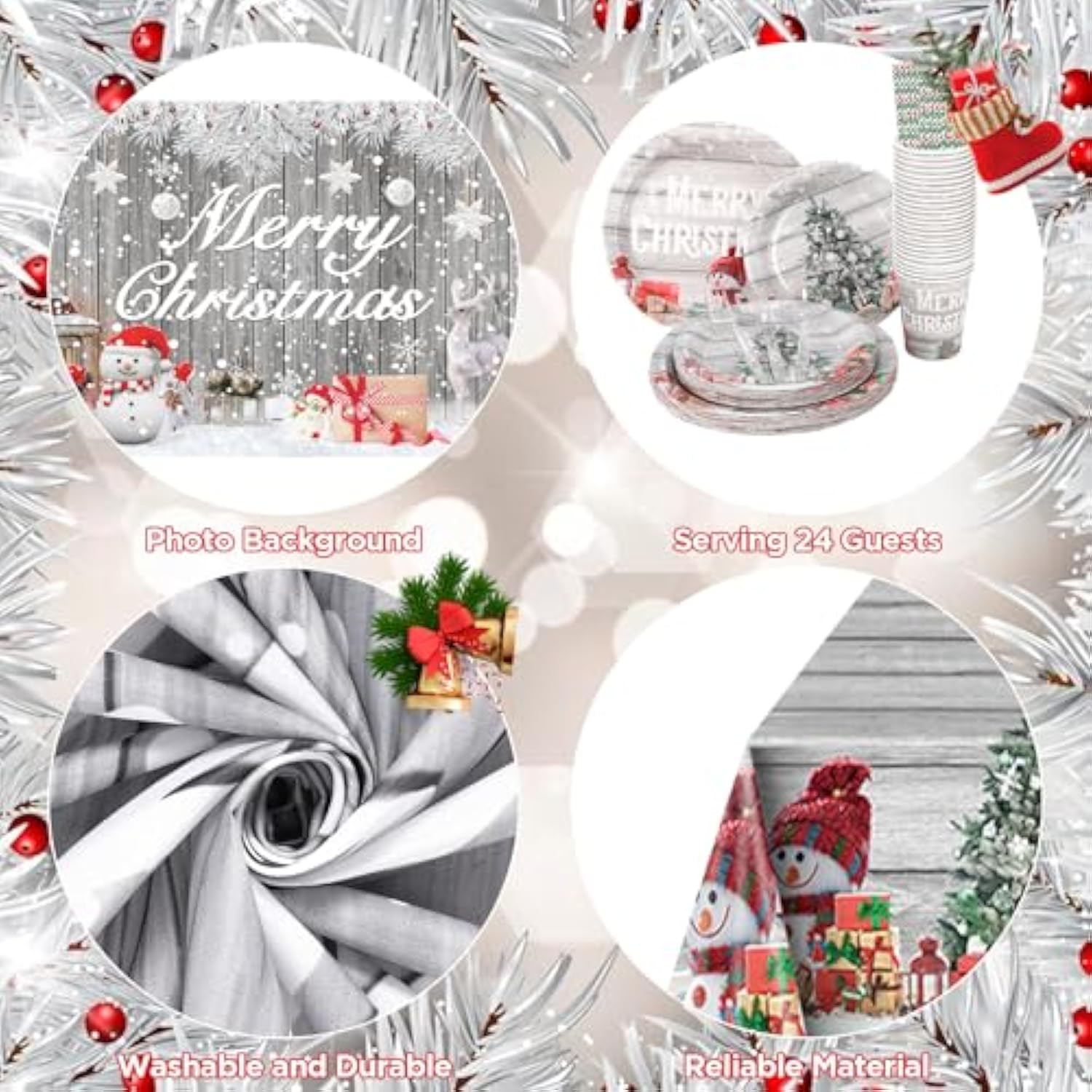 195Pcs Silver Christmas Party Supplies Decorations Christmas Tableware Set Kit Includes Xmas Paper Plates And Napkins Sets Glitter Merry Xmas Disposable Dinnerware Tablecloth Banner Backdrop Serve 24
